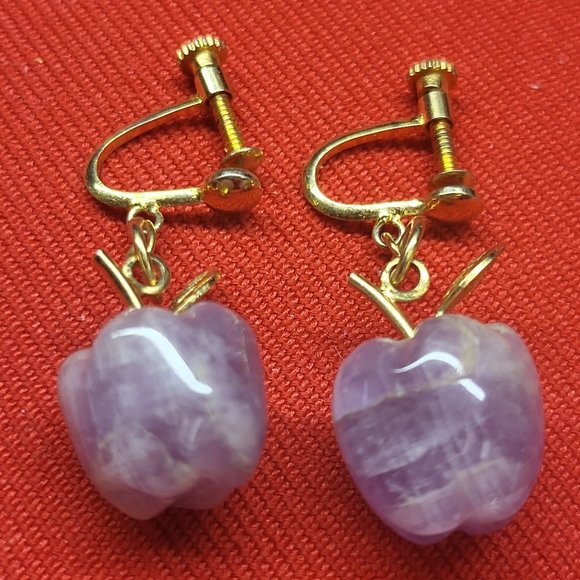 Vintage Amethyst Apple Purple Gemstone Earrings Gold Tone Adjustable Screw Earr - Picture 8 of 11